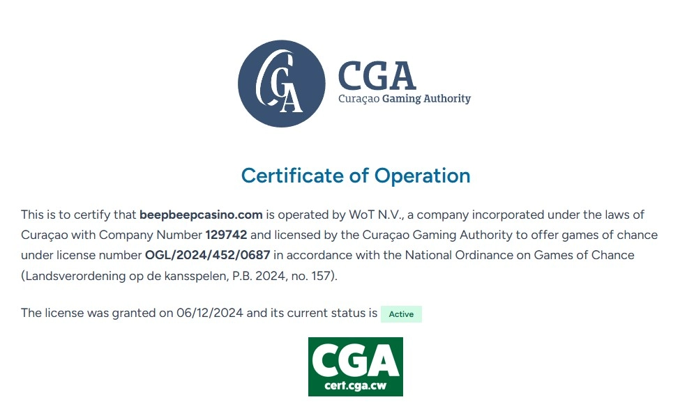 Certyfikat Curaçao Gaming Authority dla beepbeepcasino.com z aktywną licencją OGL/2024/452/0687